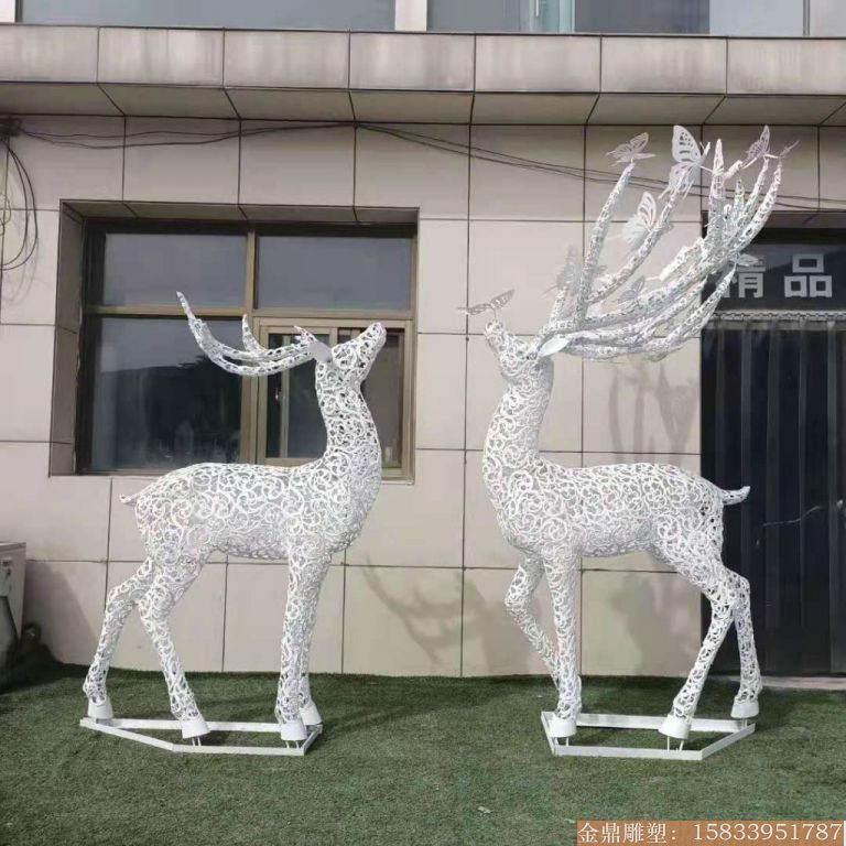 不锈钢镂空蝴蝶鹿雕塑 动物摆件