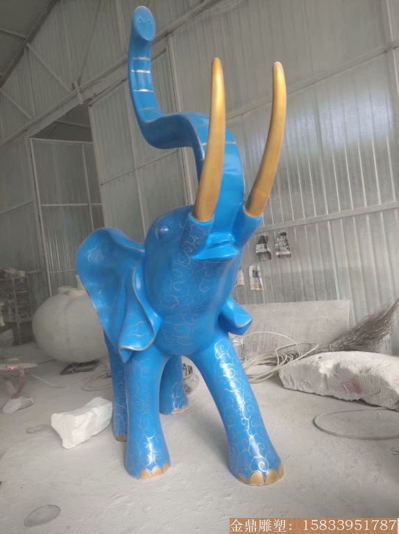 玻璃钢大象雕塑 深蓝色雕花大象动物雕塑2